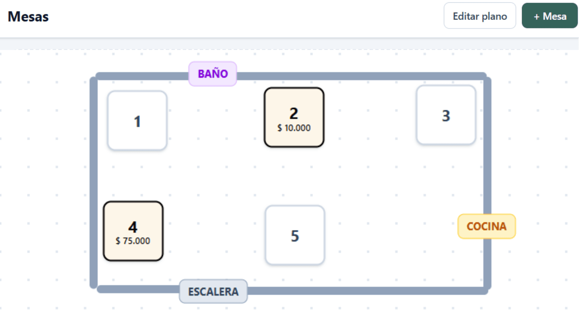 Plano de mesas arrastrable con cocina, baño y escalera marcados